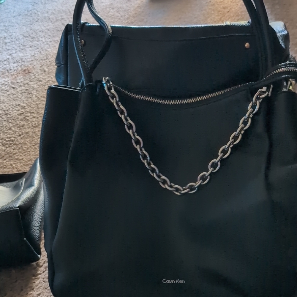 Calvin Klein Black Tote with Silver Chain Accent